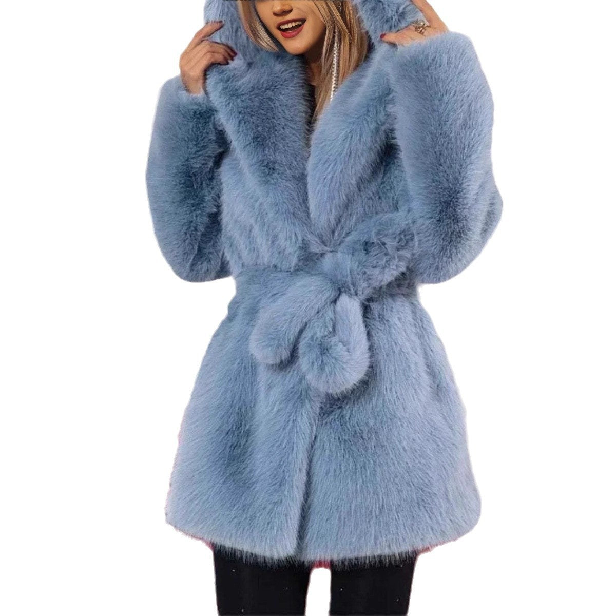 Autumn And Winter Elegant Hooded Strap Faux Fur Coat Women