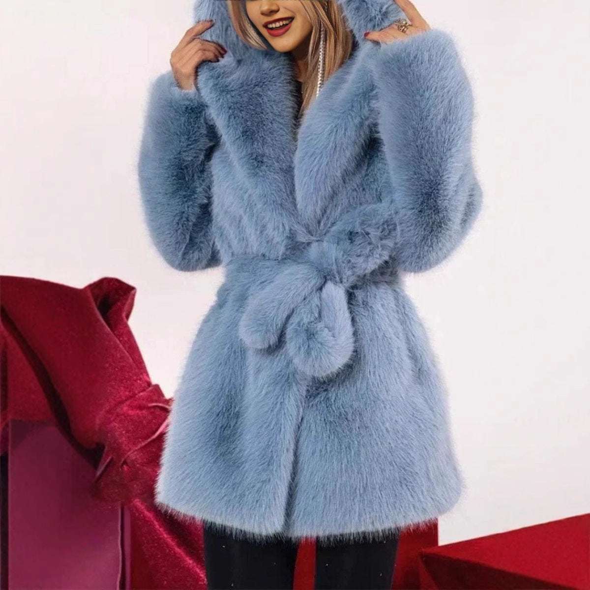 Autumn And Winter Elegant Hooded Strap Faux Fur Coat Women